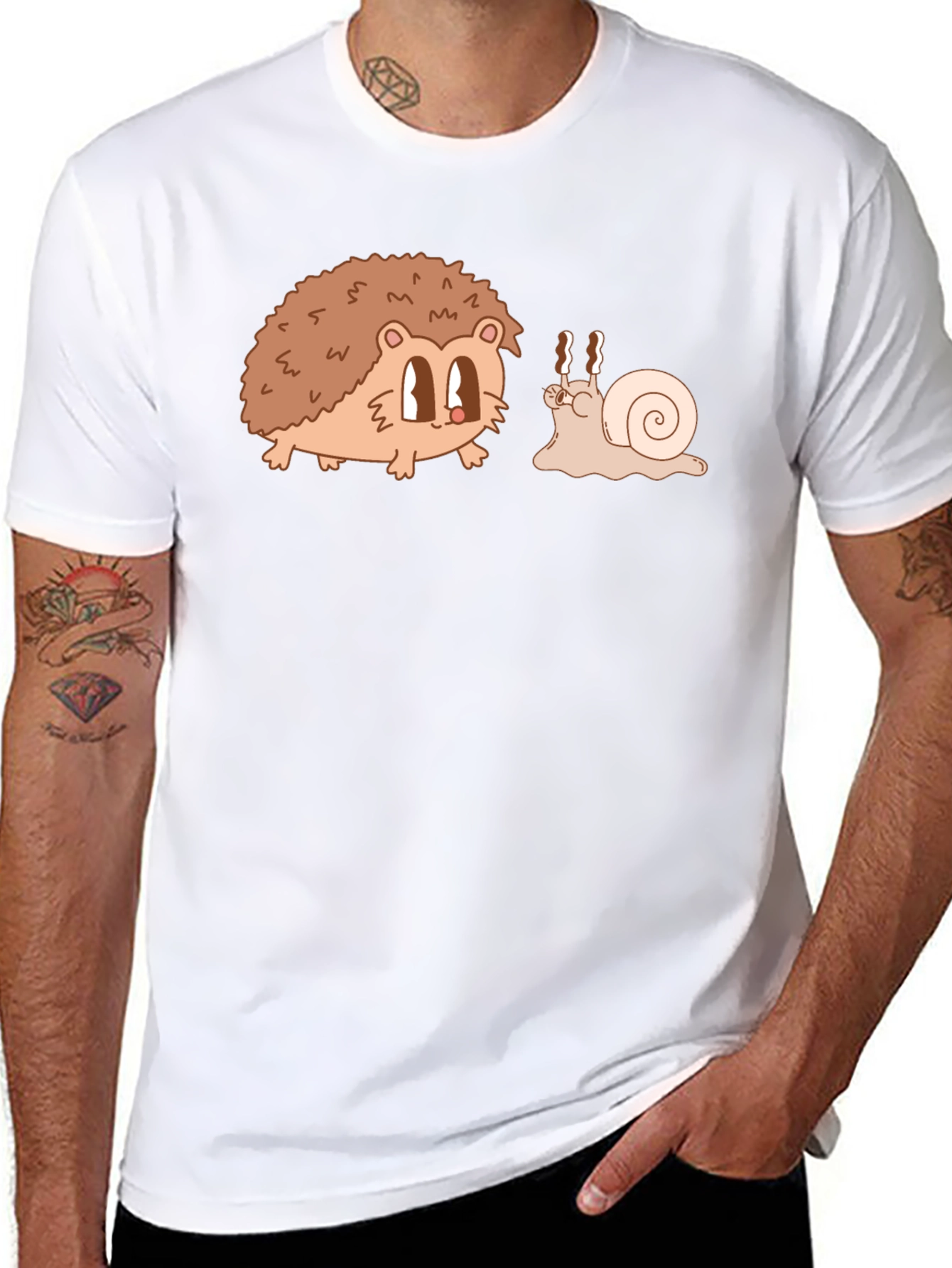 Hedgehog & Snail Cartoon Graphic Black T-Shirt