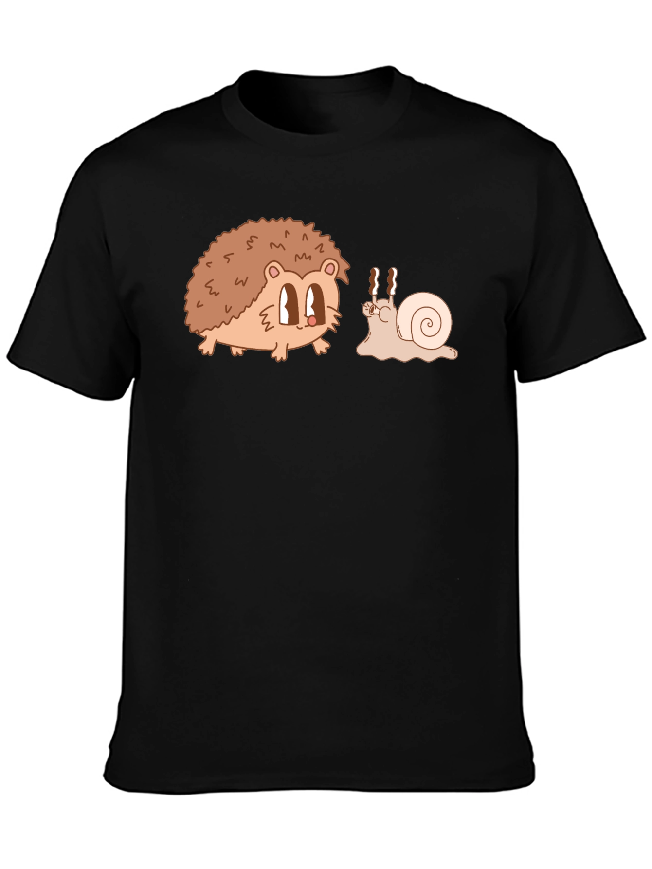 Hedgehog & Snail Cartoon Graphic Black T-Shirt