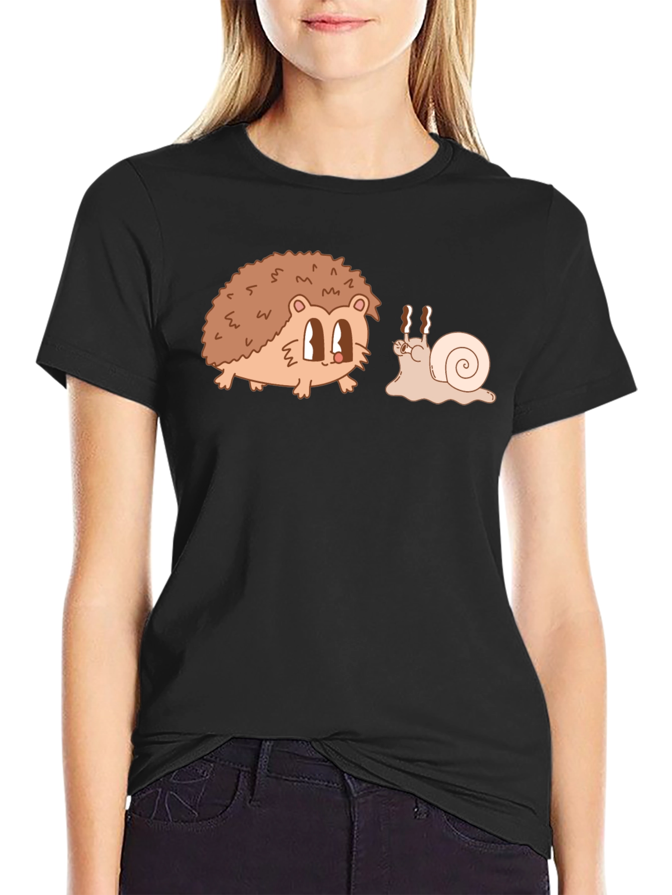 Hedgehog & Snail Cartoon Graphic Black T-Shirt