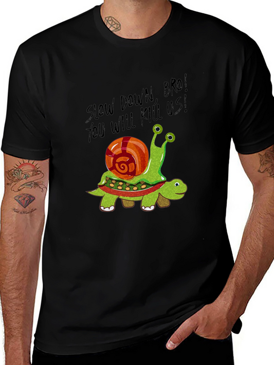 Funny Turtle & Snail Graphic Tee - Slow Down Bro!