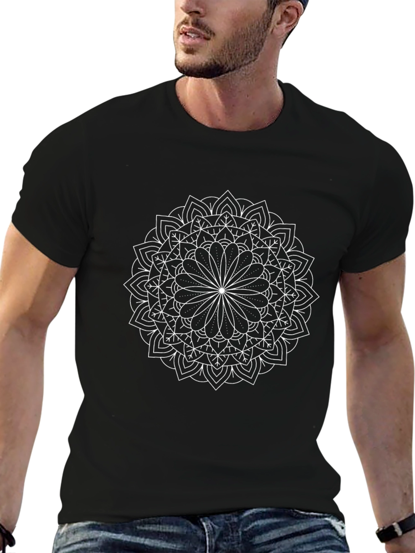 Black T-Shirt with White Mandala Design