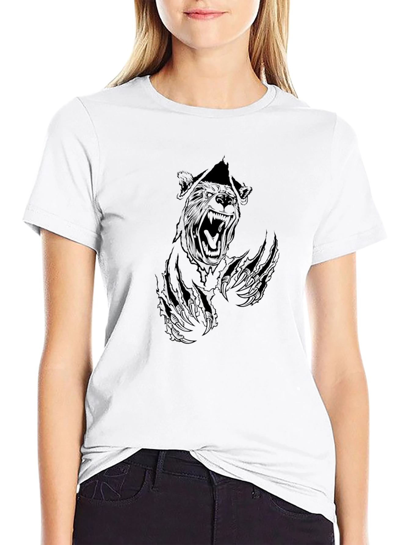 Black Graphic Tee - Ripped Bear Design