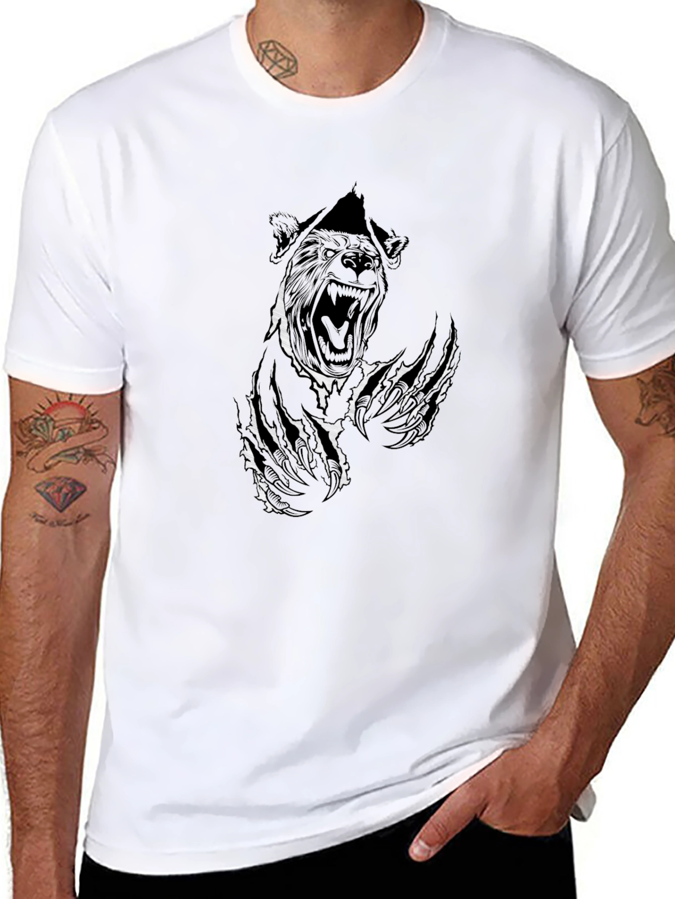 Black Graphic Tee - Ripped Bear Design