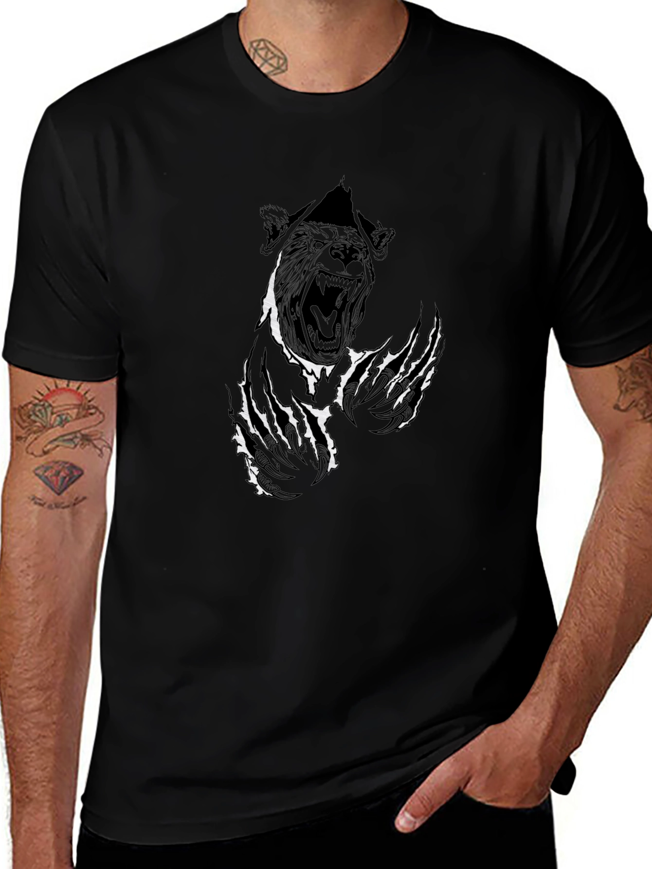 Black Graphic Tee - Ripped Bear Design