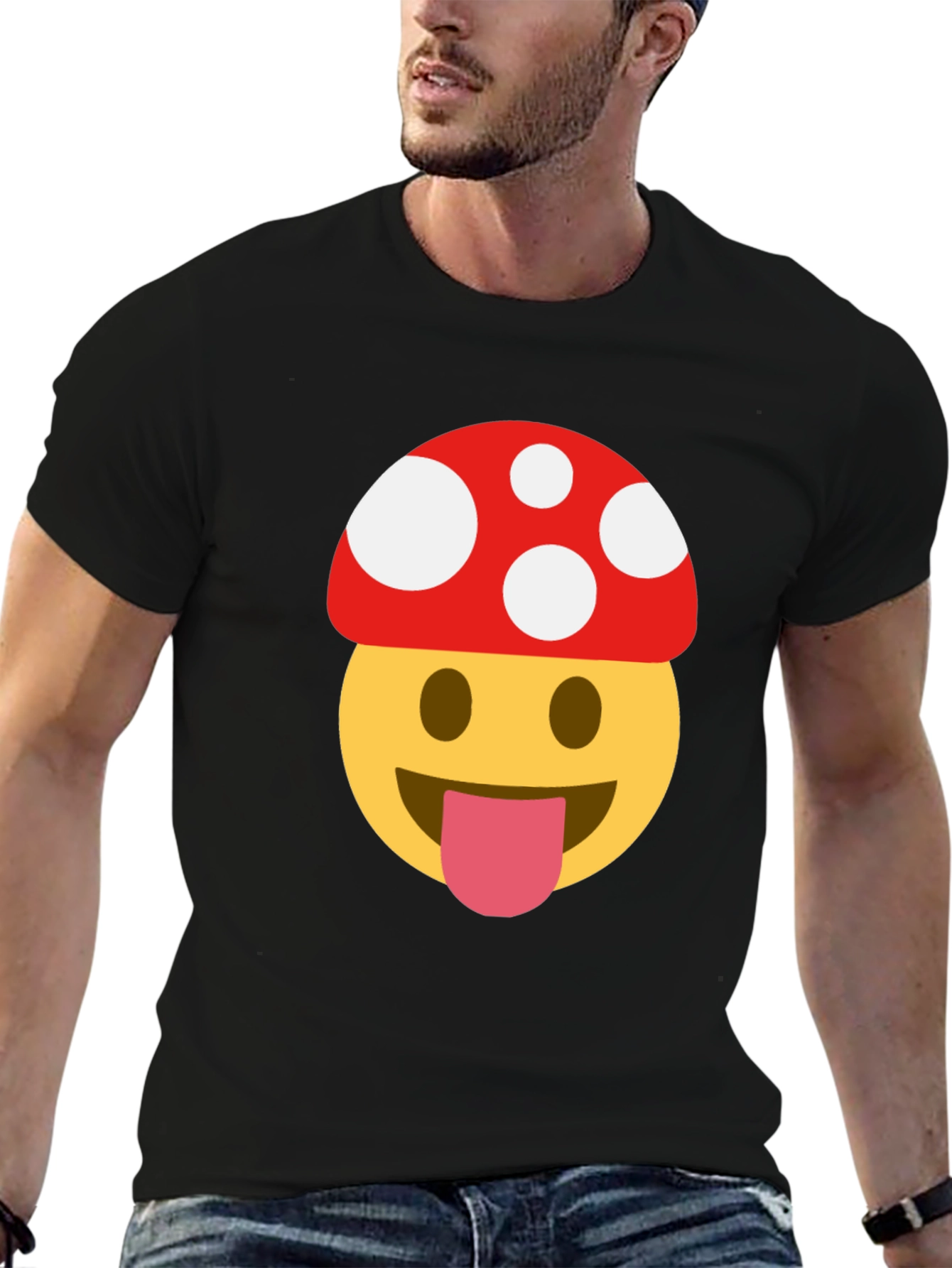 Mushroom Emoji Tee - Fun & Quirky Black T-Shirt