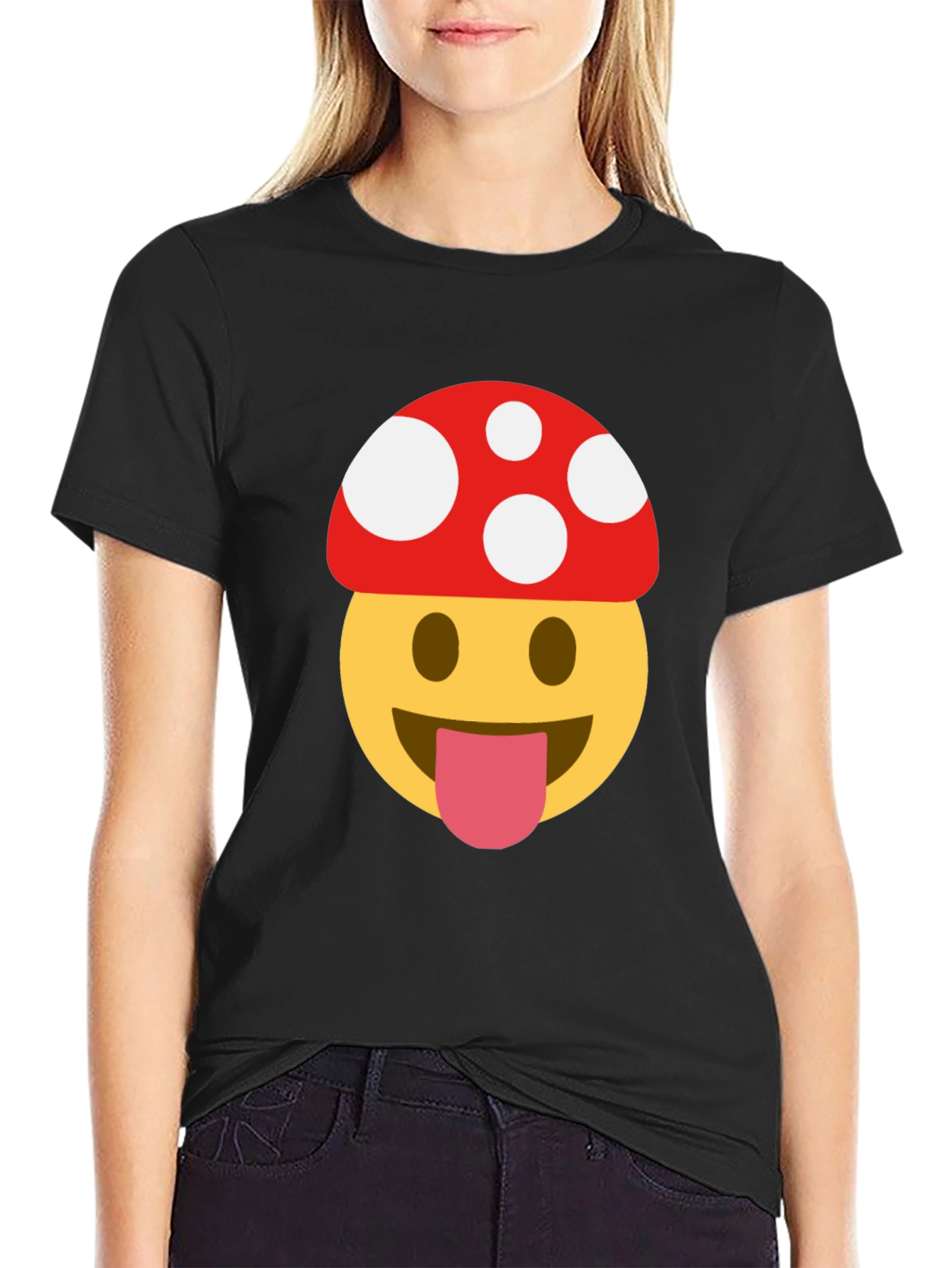 Mushroom Emoji Tee - Fun & Quirky Black T-Shirt