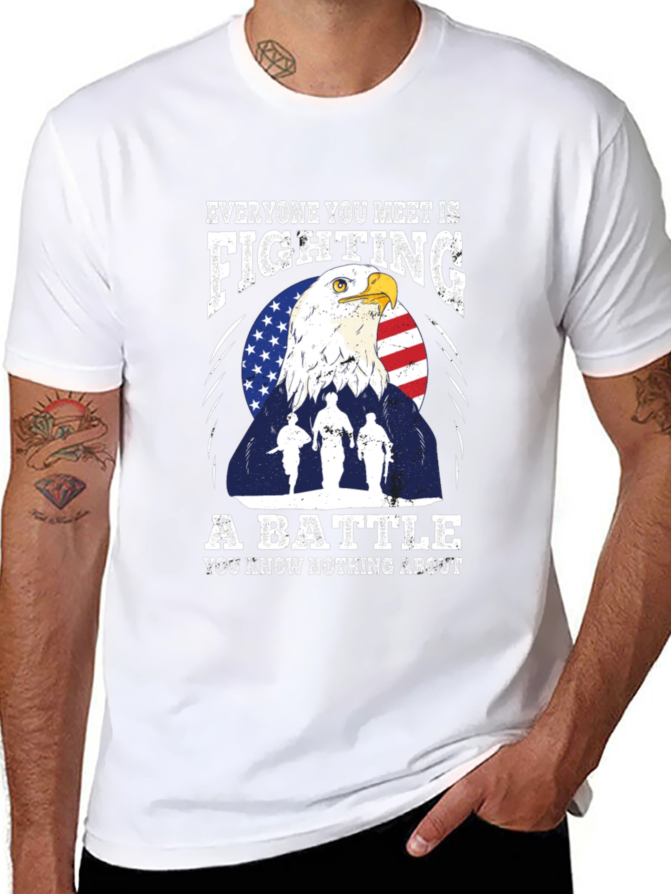 Patriotic Eagle and Soldiers Graphic T-Shirt - A Battle