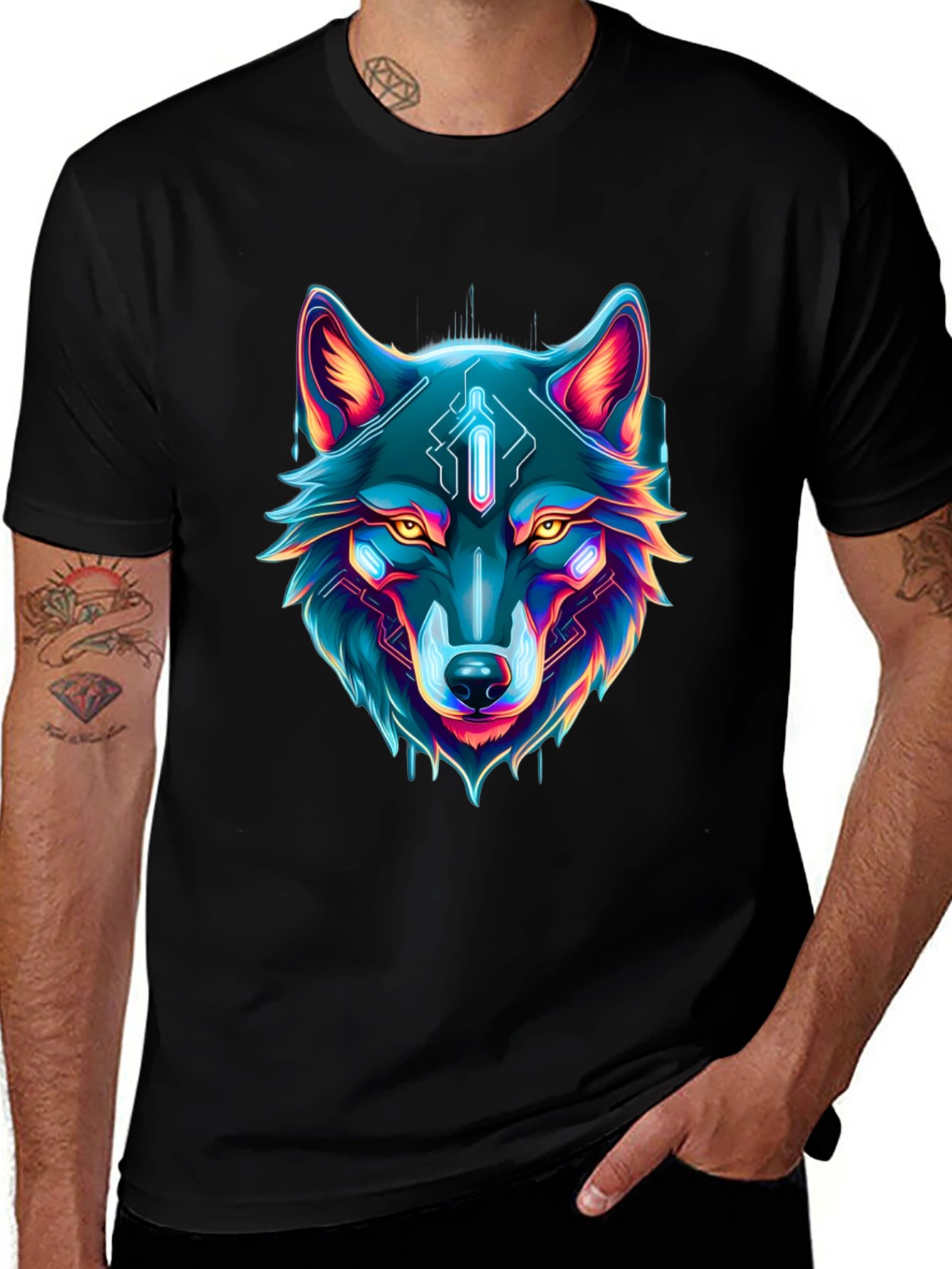 Cyber Wolf Graphic Tee - Neon Animal Print