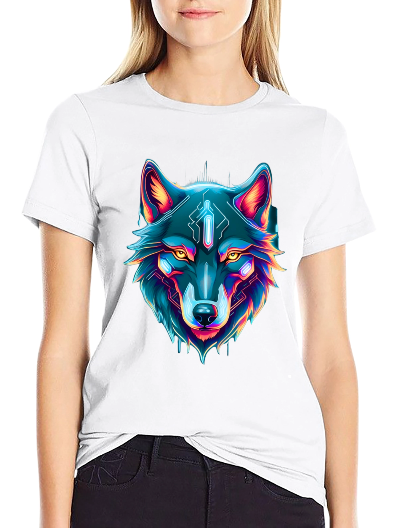 Cyber Wolf Graphic Tee - Neon Animal Print