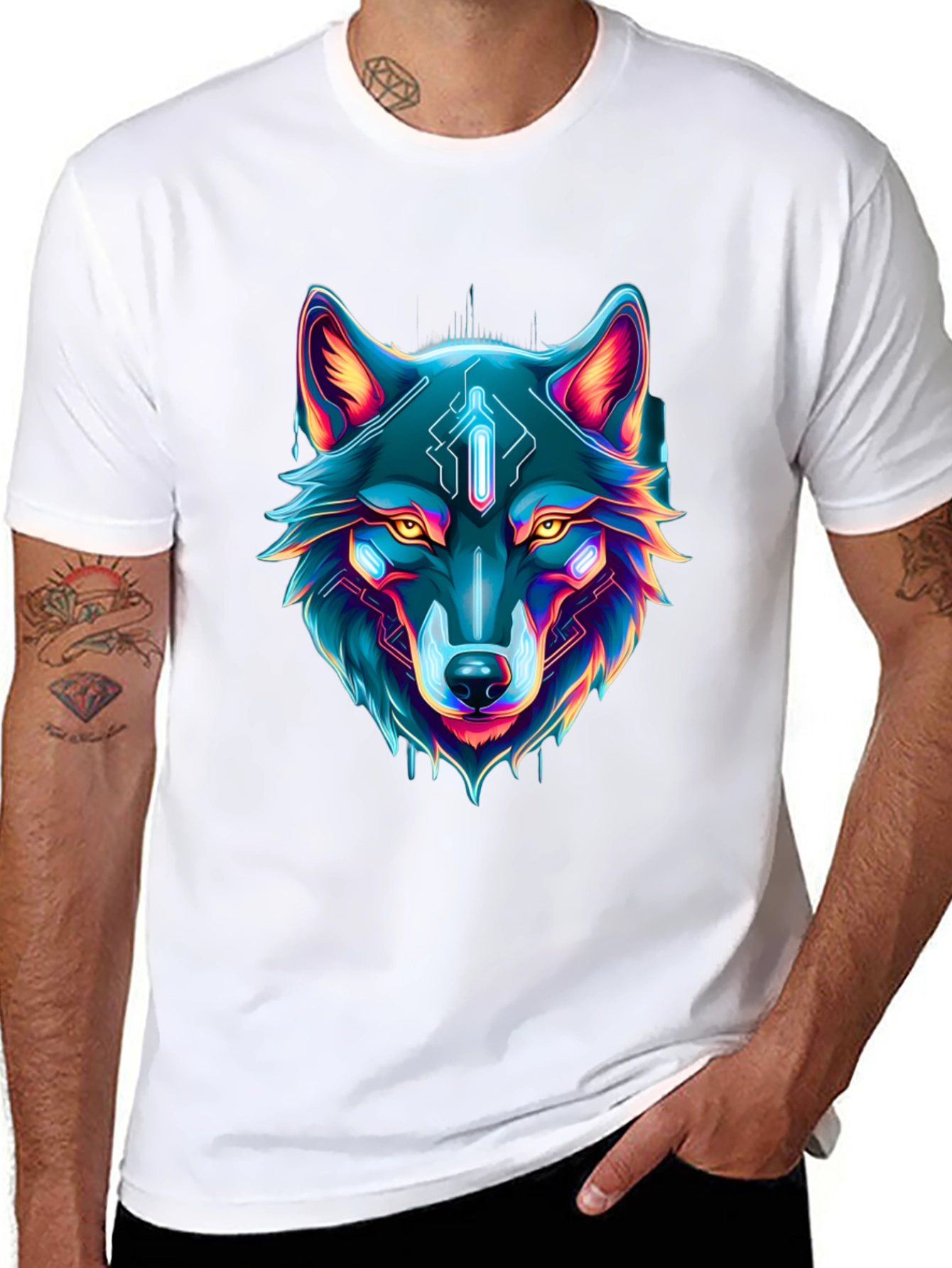 Cyber Wolf Graphic Tee - Neon Animal Print