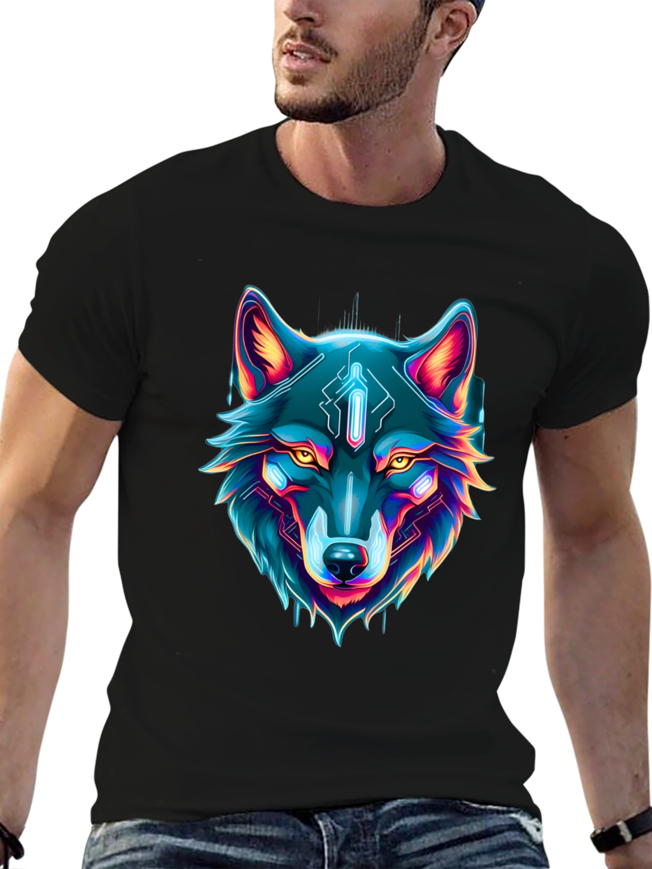 Cyber Wolf Graphic Tee - Neon Animal Print