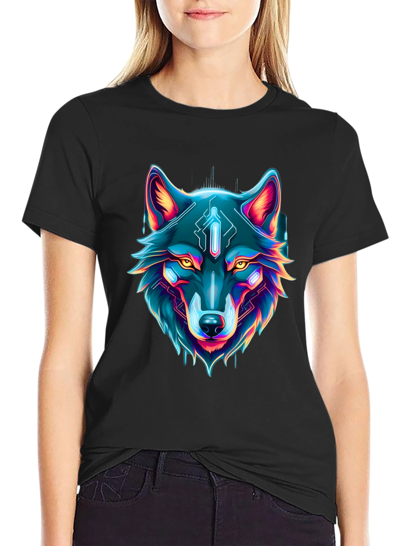 Cyber Wolf Graphic Tee - Neon Animal Print